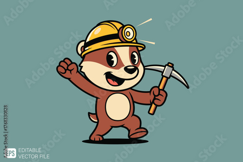 Cute Cartoon Badger Miner with Pickaxe and Headlamp.