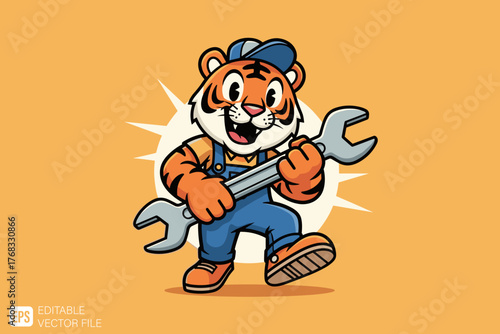 Cute cartoon tiger mechanic holding a large wrench, ready for re