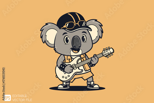 Adorable Koala Rock Star Playing Electric Guitar.