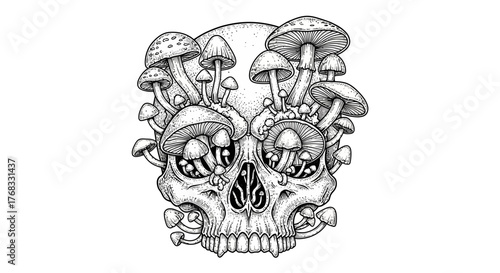 Gothic Skull and Mushroom Engraving Vector: Mortality and Nature's Cycle Art