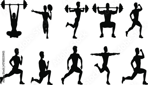 Dynamic silhouettes of diverse fitness exercises and sports activities for active lifestyles vector silhouette