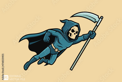 Superhero Grim Reaper Flying with Scythe Cartoon Illustration.