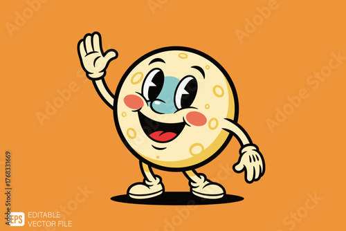 Happy Moon Character Waving Hello Retro Cartoon Style.