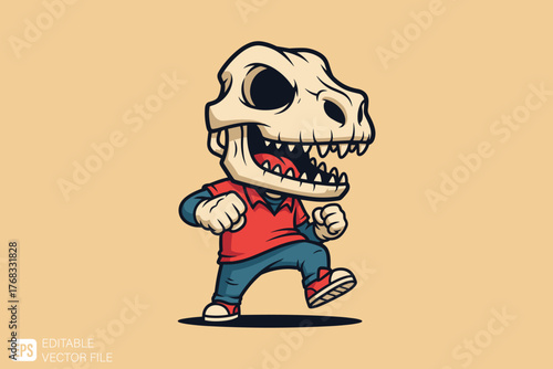 Cartoon dinosaur skeleton character with human body walking forw