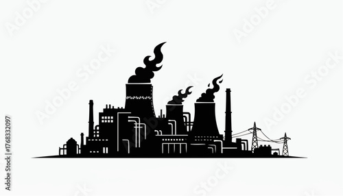 Bold industrial factory silhouette with smoking chimneys evokes power and pollution