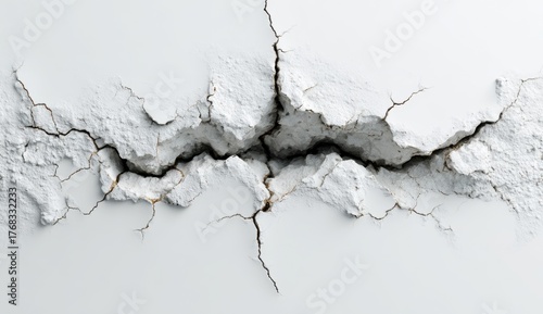 Close-up of a cracked and broken white wall with jagged edges and texture