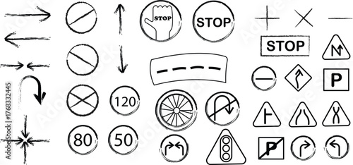 Hand-Drawn Road Signs: Traffic Symbols, Arrows, Stop Signs, Speed Limits - Black and White Sketch, Vector Illustration for Education