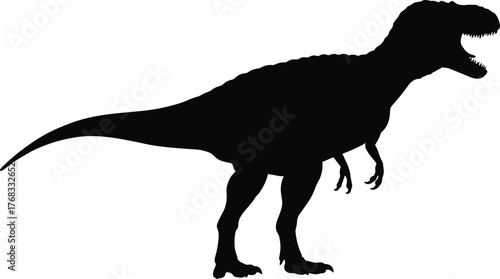 Black Silhouette of Tyrannosaurus Rex Dinosaur with Open Mouth and Sharp Teeth on White Background Vector