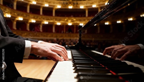 Close-up of pianist’s hands performing on a grand piano in an ornate opera hall, dramatic stage lighting.