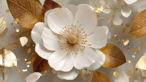 Beautiful spring 3D white flower with golden leavs on decorative background as wallpaper illustration, Elegant White Gold Flower	