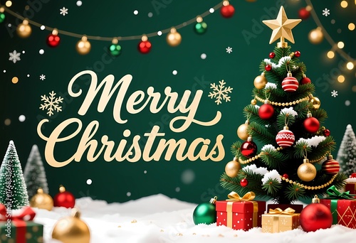 A beautifully decorated Christmas tree stands in a snowy scene, adorned with colorful ornaments and surrounded by festive gifts. Bright lights enhance the joyful atmosphere of the season Generative AI