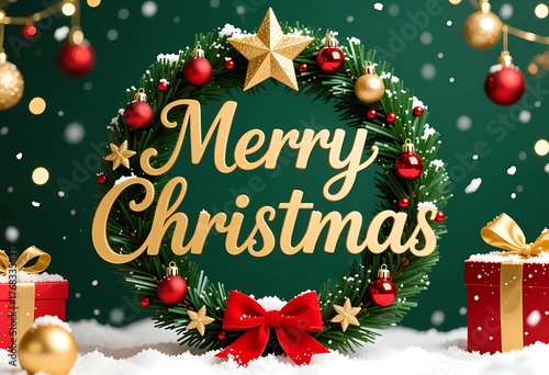 A vibrant holiday wreath features the words Merry Christmas in gold. Red ornaments and a golden bow add to the festive mood, surrounded by gifts, evoking warmth and celebration Generative AI