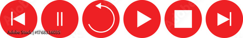 vector set of Red media control icons with play, pause, stop, and repeat buttons for music and video player interface design