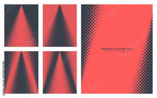 Assorted vector red black checkered halftone pattern set in vertical 4:5 aspect ratio including angular frame and various cone shaped textures. Different dotted half tone graphic design elements pack