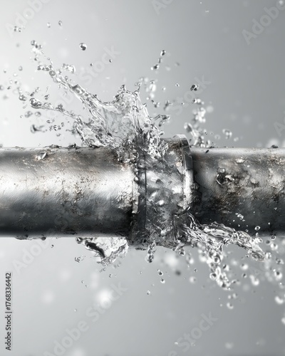Burst of Water: A pipe connection fails, releasing a torrent of water into the open air, capturing the moment of unexpected leakage. 
