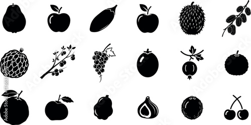 Collection of various fruit silhouettes in a grid pattern on a white background silhouette