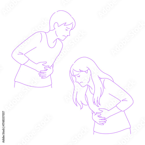 Line art illustration of person holding stomach in pain