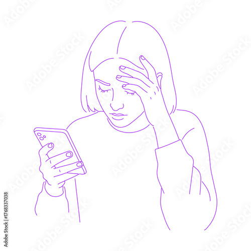 Line art illustration of person looking at phone in despair