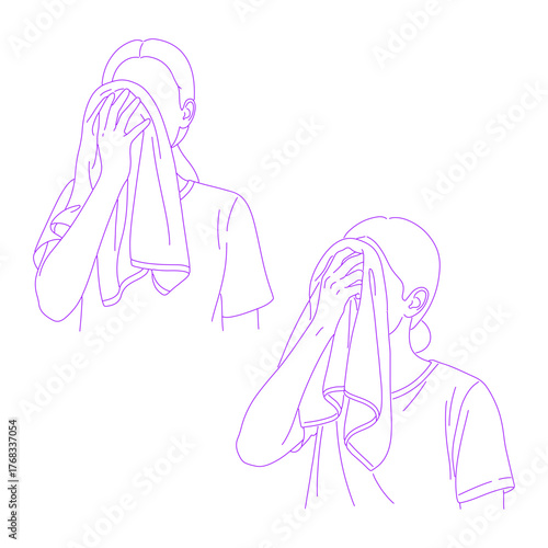 Line art illustration of person wiping face with towel
