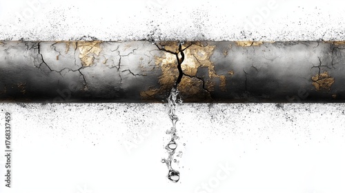 Damaged Pipe Leaking Water: A close-up view reveals a damaged pipe, where a crack causes water to drip. The image evokes concern about maintenance and infrastructure.