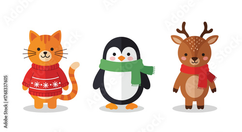 Adorable cartoon cat penguin and reindeer dressed for winter.
