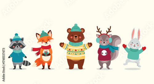Adorable cartoon woodland animals dressed in winter clothing.