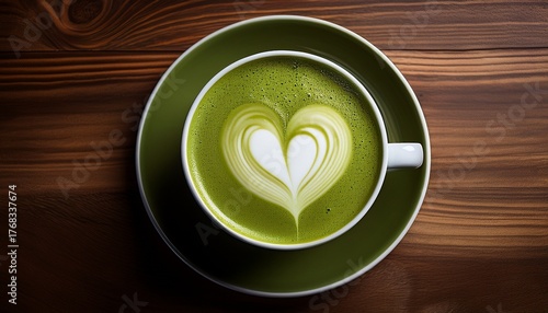Overhead View Of A Cup Of Matcha Latte With A Heart Shaped Pattern