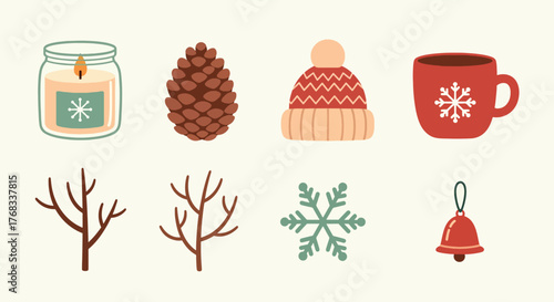 Cozy Winter Elements Candle Pinecone Hat Mug Branches Snowflake Bell.