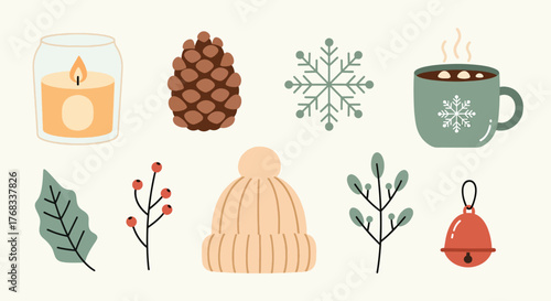 Cozy Winter Elements Candle Pinecone Snowflake Hot Chocolate Beanie and Festive Accents.