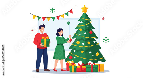 Couple Decorating a Festive Christmas Tree with Gifts and Garland.