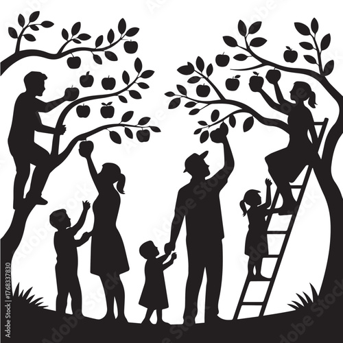 Family Apple Picking Silhouette Vector