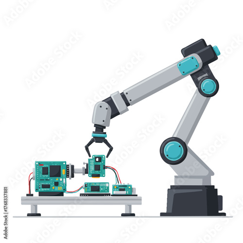 Automated industrial robotic arm meticulously assembling microelectronics onto a detailed printed circuit board, illustrated with a clean 2D flat vector style against a stark white background.