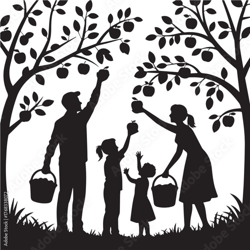 Family Apple Picking Silhouette Vector