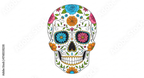 An intricate sugar skull adorned with vibrant flowers, , a symbol of dia de los muertos and a celebration of life