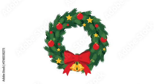Festive Green Christmas Wreath with Red Bow and Ornaments.