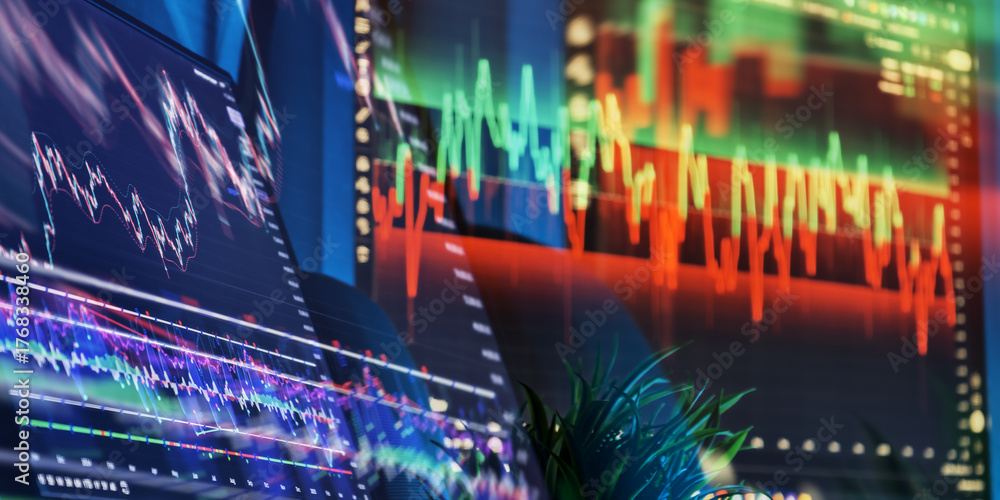 Obraz premium Multiple trading monitors showing financial data