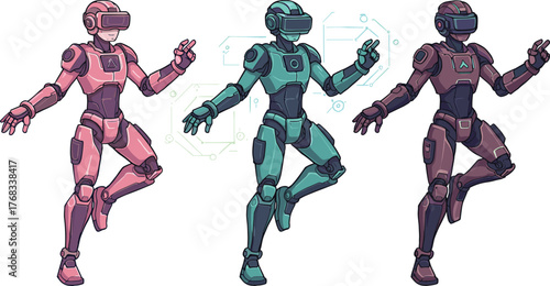 Futuristic humanoid robots dancing in dynamic motion, advanced artificial intelligence androids in colorful cyber technology suits