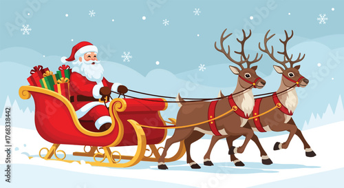 Santa Claus riding in his sleigh pulled by reindeer through a snowy landscape.