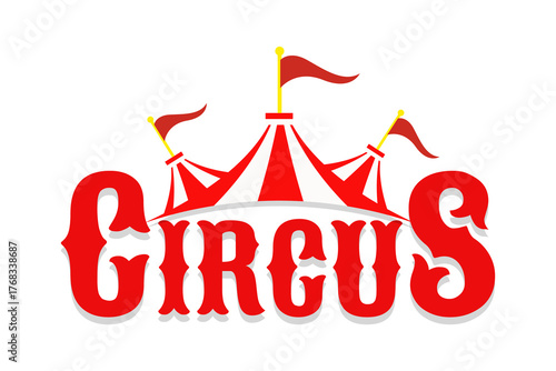 Circus label with text and tents. A red icon on a white background. 