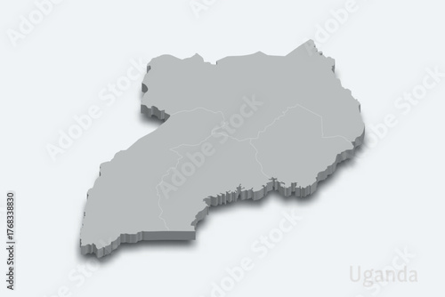 Uganda 3d map with borders regions