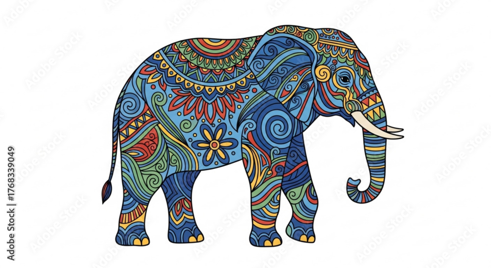 Fototapeta premium An intricately designed elephant with vibrant patterns, , showcasing a fusion of cultural art and majestic wildlife in a captivating style