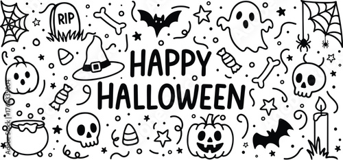 Black and White Halloween Hand Drawn Doodle Art Vector - Featuring Pumpkins, Ghosts, Bats, Spiderwebs & Creepy Faces