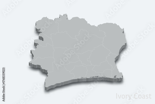 Ivory Coast 3d map with borders regions