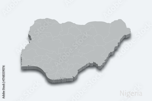 Nigeria 3d map with borders regions