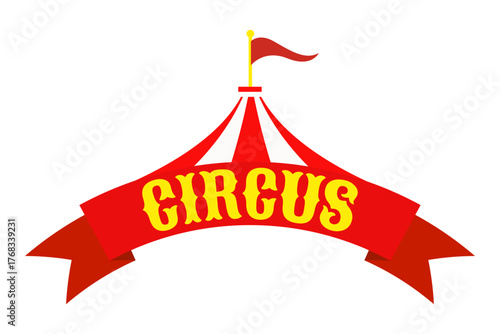 A circus tent with a bright red silk ribbon with the name. A poster with a red circus sign, with a tent, a frame for a carnival circus. A sign, a circus banner. Vector illustration