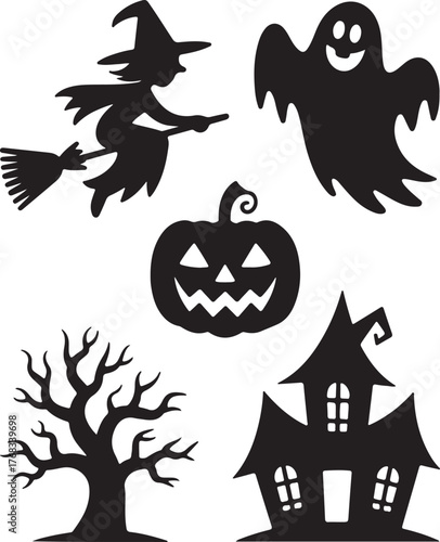 Cute Halloween Ghost and Witch Cauldron Vector – Pumpkin, Candy Corn, and Bats – Halloween Silhouette SVG Clipart