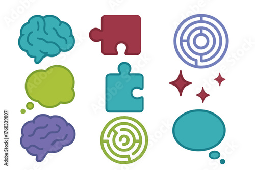 Collection of graphic symbols representing thinking, creativity, and problem solving concepts