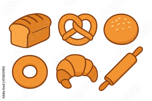 Assortment of fresh baked goods including bread loaf pretzel croissant bagel and sesame bun