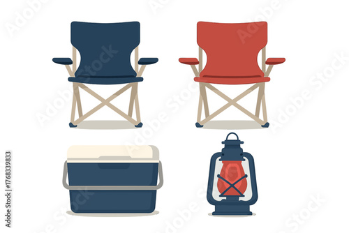 Essential camping equipment set including folding chairs, cooler box, and classic lantern design