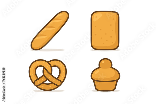 Delicious assortment of fresh baked goods including baguette, pretzel, and bread loaf
